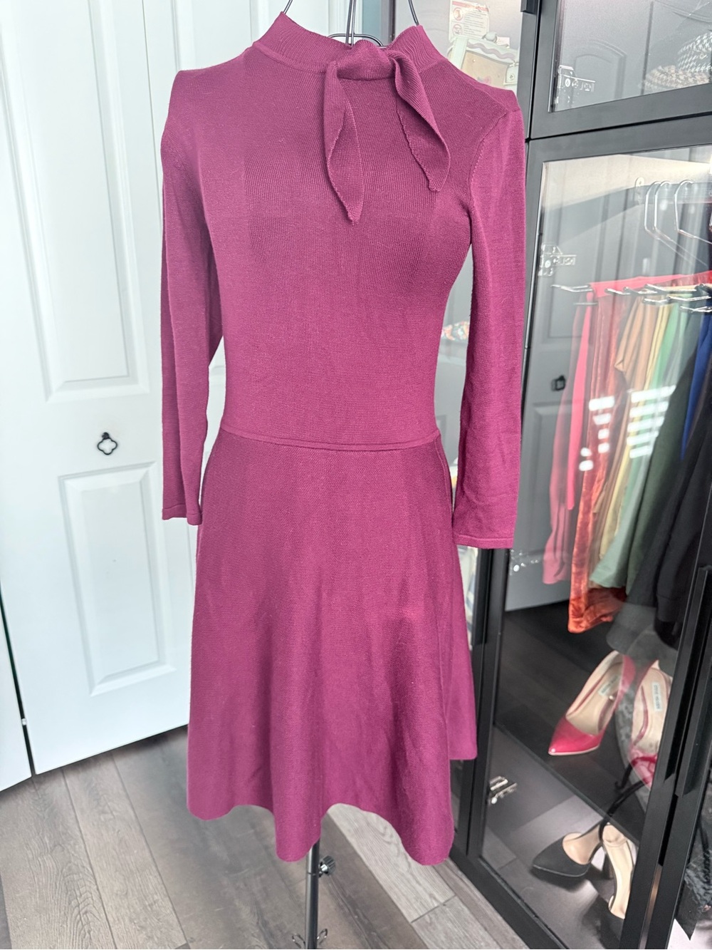BCX Plum Long-Sleeve Tie-Neck Knit Dress